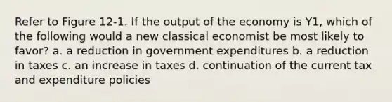 Refer to Figure 12-1. If the output of the economy is Y1, which of the following would a new classical economist be most likely to favor? a. a reduction in government expenditures b. a reduction in taxes c. an increase in taxes d. continuation of the current tax and expenditure policies