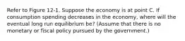 Refer to Figure 12‐1. Suppose the economy is at point C. If consumption spending decreases in the economy, where will the eventual long run equilibrium be? (Assume that there is no monetary or fiscal policy pursued by the government.)