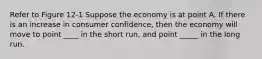 Refer to Figure 12-1 Suppose the economy is at point A. If there is an increase in consumer confidence, then the economy will move to point ____ in the short run, and point _____ in the long run.