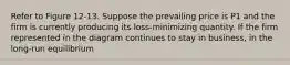 Refer to Figure 12-13. Suppose the prevailing price is P1 and the firm is currently producing its loss-minimizing quantity. If the firm represented in the diagram continues to stay in business, in the long-run equilibrium