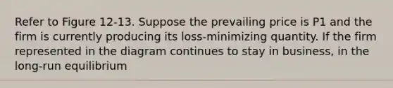 Refer to Figure 12-13. Suppose the prevailing price is P1 and the firm is currently producing its loss-minimizing quantity. If the firm represented in the diagram continues to stay in business, in the long-run equilibrium