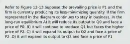 Refer to Figure 12-13.Suppose the prevailing price is P1 and the firm is currently producing its loss-minimizing quantity. If the firm represented in the diagram continues to stay in business, in the long-run equilibrium A) it will reduce its output to Q0 and face a price of P0. B) it will continue to produce Q1 but faces the higher price of P2. C) it will expand its output to Q2 and face a price of P2 .D) it will expand its output to Q3 and face a price of P1