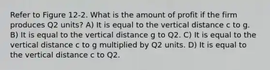 Refer to Figure 12-2. What is the amount of profit if the firm produces Q2 units? A) It is equal to the vertical distance c to g. B) It is equal to the vertical distance g to Q2. C) It is equal to the vertical distance c to g multiplied by Q2 units. D) It is equal to the vertical distance c to Q2.