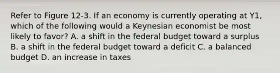 Refer to Figure 12-3. If an economy is currently operating at Y1, which of the following would a Keynesian economist be most likely to favor? A. a shift in the federal budget toward a surplus B. a shift in the federal budget toward a deficit C. a balanced budget D. an increase in taxes