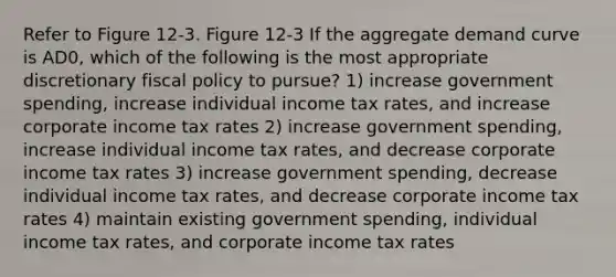 Refer to Figure 12-3. Figure 12-3 If the aggregate demand curve is AD0, which of the following is the most appropriate discretionary fiscal policy to pursue? 1) increase government spending, increase individual income tax rates, and increase corporate income tax rates 2) increase government spending, increase individual income tax rates, and decrease corporate income tax rates 3) increase government spending, decrease individual income tax rates, and decrease corporate income tax rates 4) maintain existing government spending, individual income tax rates, and corporate income tax rates