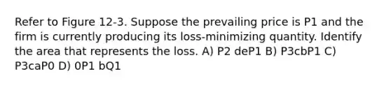 Refer to Figure 12-3. Suppose the prevailing price is P1 and the firm is currently producing its loss-minimizing quantity. Identify the area that represents the loss. A) P2 deP1 B) P3cbP1 C) P3caP0 D) 0P1 bQ1