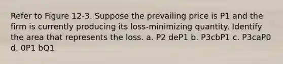 Refer to Figure 12-3. Suppose the prevailing price is P1 and the firm is currently producing its loss-minimizing quantity. Identify the area that represents the loss. a. P2 deP1 b. P3cbP1 c. P3caP0 d. 0P1 bQ1