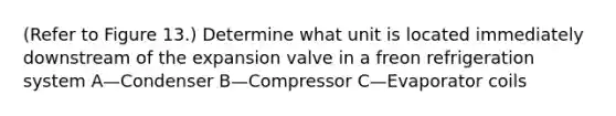 (Refer to Figure 13.) Determine what unit is located immediately downstream of the expansion valve in a freon refrigeration system A—Condenser B—Compressor C—Evaporator coils