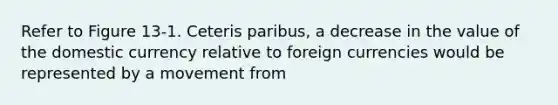 Refer to Figure 13-1. Ceteris paribus, a decrease in the value of the domestic currency relative to foreign currencies would be represented by a movement from