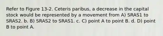 Refer to Figure 13-2. Ceteris paribus, a decrease in the capital stock would be represented by a movement from A) SRAS1 to SRAS2. b. B) SRAS2 to SRAS1. c. C) point A to point B. d. D) point B to point A.