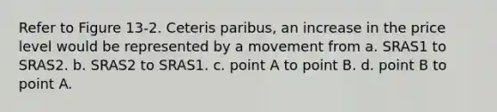 Refer to Figure 13-2. Ceteris paribus, an increase in the price level would be represented by a movement from a. SRAS1 to SRAS2. b. SRAS2 to SRAS1. c. point A to point B. d. point B to point A.