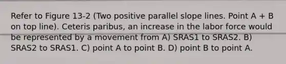 Refer to Figure 13-2 (Two positive parallel slope lines. Point A + B on top line). Ceteris paribus, an increase in the labor force would be represented by a movement from A) SRAS1 to SRAS2. B) SRAS2 to SRAS1. C) point A to point B. D) point B to point A.