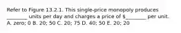 Refer to Figure 13.2.1. This single-price monopoly produces ________ units per day and charges a price of ________ per unit. A. zero; 0 B. 20; 50 C. 20; 75 D. 40; 50 E. 20; 20