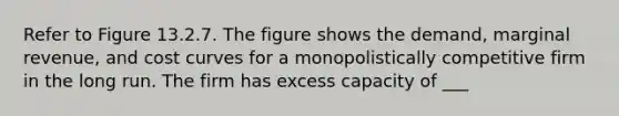 Refer to Figure 13.2.7. The figure shows the demand, marginal revenue, and cost curves for a monopolistically competitive firm in the long run. The firm has excess capacity of ___