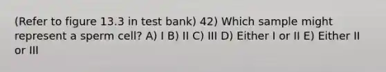 (Refer to figure 13.3 in test bank) 42) Which sample might represent a sperm cell? A) I B) II C) III D) Either I or II E) Either II or III