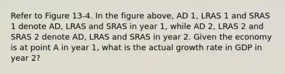 Refer to Figure 13-4. In the figure above, AD 1, LRAS 1 and SRAS 1 denote AD, LRAS and SRAS in year 1, while AD 2, LRAS 2 and SRAS 2 denote AD, LRAS and SRAS in year 2. Given the economy is at point A in year 1, what is the actual growth rate in GDP in year 2?