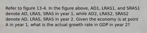 Refer to figure 13-4. In the figure above, AD1, LRAS1, and SRAS1 denote AD, LRAS, SRAS in year 1, while AD2, LRAS2, SRAS2 denote AD, LRAS, SRAS in year 2. Given the economy is at point A in year 1, what is the actual growth rate in GDP in year 2?