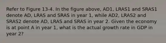 Refer to Figure 13-4. In the figure above, AD1, LRAS1 and SRAS1 denote AD, LRAS and SRAS in year 1, while AD2, LRAS2 and SRAS2 denote AD, LRAS and SRAS in year 2. Given the economy is at point A in year 1, what is the actual growth rate in GDP in year 2?