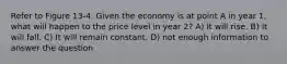 Refer to Figure 13-4. Given the economy is at point A in year 1, what will happen to the price level in year 2? A) It will rise. B) It will fall. C) It will remain constant. D) not enough information to answer the question