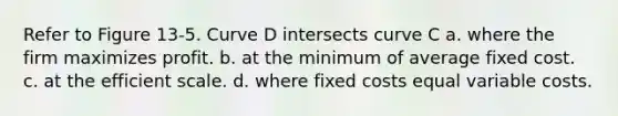 Refer to Figure 13-5. Curve D intersects curve C a. where the firm maximizes profit. b. at the minimum of average fixed cost. c. at the efficient scale. d. where fixed costs equal variable costs.