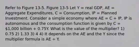 Refer to Figure 13-5. Figure 13-5 Let Y = real GDP, AE = Aggregate Expenditures, C = Consumption, IP = Planned Investment. Consider a simple economy where AE = C + IP, IP is autonomous and the consumption function is given by C = 1,000 billion + 0.75Y. What is the value of the multiplier? 1) 0.75 2) 1.33 3) 4 4) It depends on the AE and the Y since the multiplier formula is AE ÷ Y.