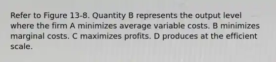 Refer to Figure 13-8. Quantity B represents the output level where the firm A minimizes average variable costs. B minimizes marginal costs. C maximizes profits. D produces at the efficient scale.