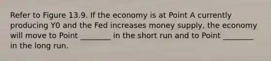 Refer to Figure 13.9. If the economy is at Point A currently producing Y0 and the Fed increases money supply, the economy will move to Point ________ in the short run and to Point ________ in the long run.