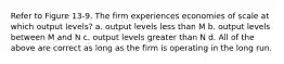 Refer to Figure 13-9. The firm experiences economies of scale at which output levels? a. output levels less than M b. output levels between M and N c. output levels greater than N d. All of the above are correct as long as the firm is operating in the long run.