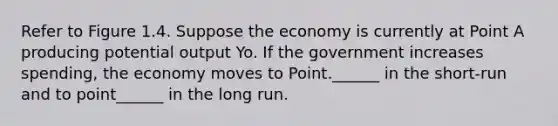 Refer to Figure 1.4. Suppose the economy is currently at Point A producing potential output Yo. If the government increases spending, the economy moves to Point.______ in the short-run and to point______ in the long run.