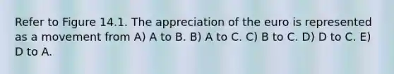 Refer to Figure 14.1. The appreciation of the euro is represented as a movement from A) A to B. B) A to C. C) B to C. D) D to C. E) D to A.