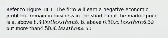 Refer to Figure 14-1. The firm will earn a negative economic profit but remain in business in the short run if the market price is a. above 6.30 but less than8. b. above 6.30. c. less than6.30 but more than4.50. d. less than4.50.