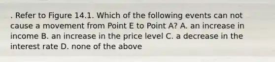 . Refer to Figure 14.1. Which of the following events can not cause a movement from Point E to Point A? A. an increase in income B. an increase in the price level C. a decrease in the interest rate D. none of the above