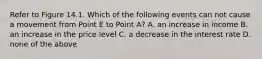 Refer to Figure 14.1. Which of the following events can not cause a movement from Point E to Point A? A. an increase in income B. an increase in the price level C. a decrease in the interest rate D. none of the above