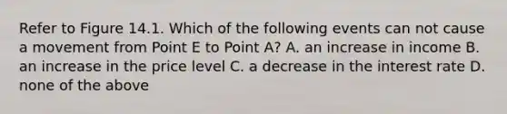 Refer to Figure 14.1. Which of the following events can not cause a movement from Point E to Point A? A. an increase in income B. an increase in the price level C. a decrease in the interest rate D. none of the above