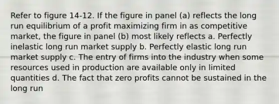 Refer to figure 14-12. If the figure in panel (a) reflects the long run equilibrium of a profit maximizing firm in as competitive market, the figure in panel (b) most likely reflects a. Perfectly inelastic long run market supply b. Perfectly elastic long run market supply c. The entry of firms into the industry when some resources used in production are available only in limited quantities d. The fact that zero profits cannot be sustained in the long run