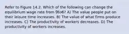 Refer to Figure 14.2. Which of the following can change the equilibrium wage rate from 9 to6? A) The value people put on their leisure time increases. B) The value of what firms produce increases. C) The productivity of workers decreases. D) The productivity of workers increases.