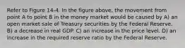 Refer to Figure 14-4. In the figure above, the movement from point A to point B in the money market would be caused by A) an open market sale of Treasury securities by the Federal Reserve. B) a decrease in real GDP. C) an increase in the price level. D) an increase in the required reserve ratio by the Federal Reserve.