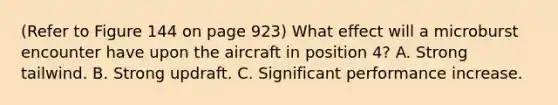 (Refer to Figure 144 on page 923) What effect will a microburst encounter have upon the aircraft in position 4? A. Strong tailwind. B. Strong updraft. C. Significant performance increase.