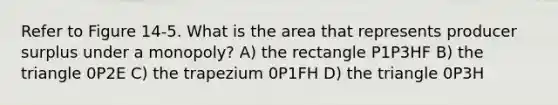 Refer to Figure 14-5. What is the area that represents producer surplus under a monopoly? A) the rectangle P1P3HF B) the triangle 0P2E C) the trapezium 0P1FH D) the triangle 0P3H