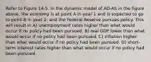 Refer to Figure 14-5. In the dynamic model of AD-AS in the figure above, the economy is at point A in year 1 and is expected to go to point B in year 2, and the Federal Reserve pursues policy. This will result in A) unemployment rates higher than what would occur if no policy had been pursued. B) real GDP lower than what would occur if no policy had been pursued. C) inflation higher than what would occur if no policy had been pursued. D) short-term interest rates higher than what would occur if no policy had been pursued.