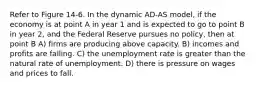 Refer to Figure 14-6. In the dynamic AD-AS model, if the economy is at point A in year 1 and is expected to go to point B in year 2, and the Federal Reserve pursues no policy, then at point B A) firms are producing above capacity. B) incomes and profits are falling. C) the unemployment rate is greater than the natural rate of unemployment. D) there is pressure on wages and prices to fall.