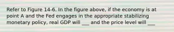 Refer to Figure 14-6. In the figure above, if the economy is at point A and the Fed engages in the appropriate stabilizing monetary policy, real GDP will ___ and the price level will ___