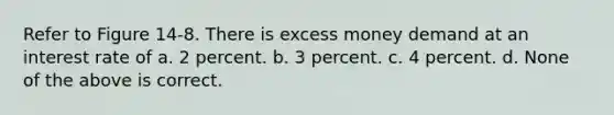 Refer to Figure 14-8. There is excess money demand at an interest rate of a. 2 percent. b. 3 percent. c. 4 percent. d. None of the above is correct.