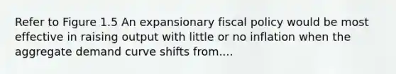 Refer to Figure 1.5 An expansionary fiscal policy would be most effective in raising output with little or no inflation when the aggregate demand curve shifts from....