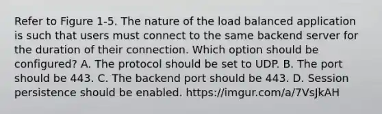 Refer to Figure 1-5. The nature of the load balanced application is such that users must connect to the same backend server for the duration of their connection. Which option should be configured? A. The protocol should be set to UDP. B. The port should be 443. C. The backend port should be 443. D. Session persistence should be enabled. https://imgur.com/a/7VsJkAH