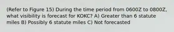 (Refer to Figure 15) During the time period from 0600Z to 0800Z, what visibility is forecast for KOKC? A) Greater than 6 statute miles B) Possibly 6 statute miles C) Not forecasted