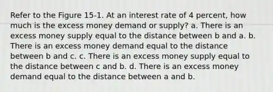 Refer to the Figure 15-1. At an interest rate of 4 percent, how much is the excess money demand or supply? a. There is an excess money supply equal to the distance between b and a. b. There is an excess money demand equal to the distance between b and c. c. There is an excess money supply equal to the distance between c and b. d. There is an excess money demand equal to the distance between a and b.