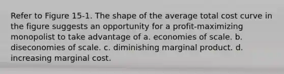 Refer to Figure 15-1. The shape of the average total cost curve in the figure suggests an opportunity for a profit-maximizing monopolist to take advantage of a. economies of scale. b. diseconomies of scale. c. diminishing marginal product. d. increasing marginal cost.