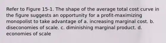 Refer to Figure 15-1. The shape of the average total cost curve in the figure suggests an opportunity for a profit-maximizing monopolist to take advantage of a. increasing marginal cost. b. diseconomies of scale. c. diminishing marginal product. d. economies of scale