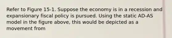 Refer to Figure 15-1. Suppose the economy is in a recession and expansionary fiscal policy is pursued. Using the static AD-AS model in the figure above, this would be depicted as a movement from